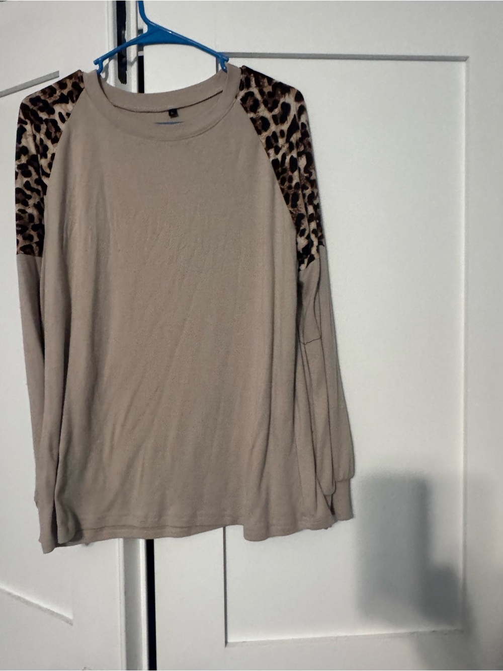 Long-Sleeve Beige Top with Leopard Shoulder Accents